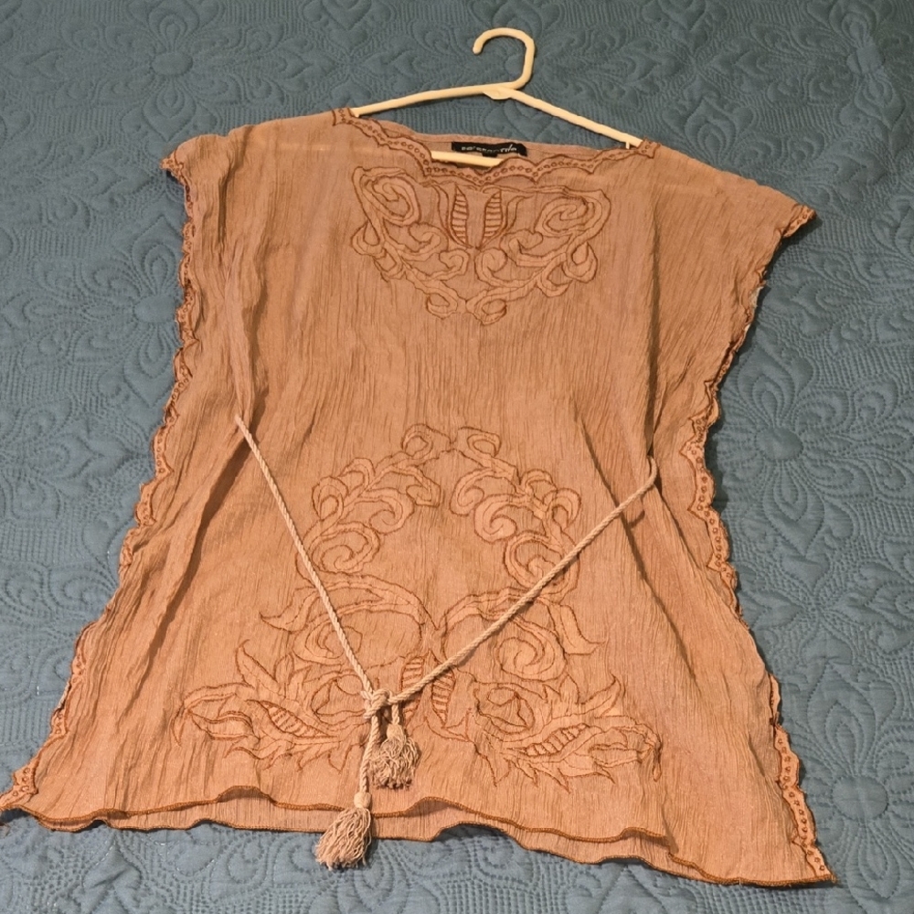 Tan Tie Front Tunic with Embroidery
